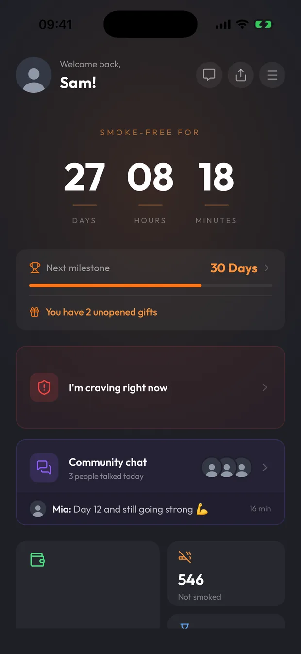 Last Drag home screen: 27 days smoke-free, next milestone and the craving button